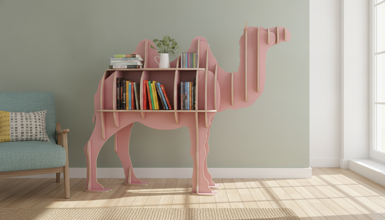 Camel-Shaped Wooden Bookcase: Eco-Friendly Media Storage