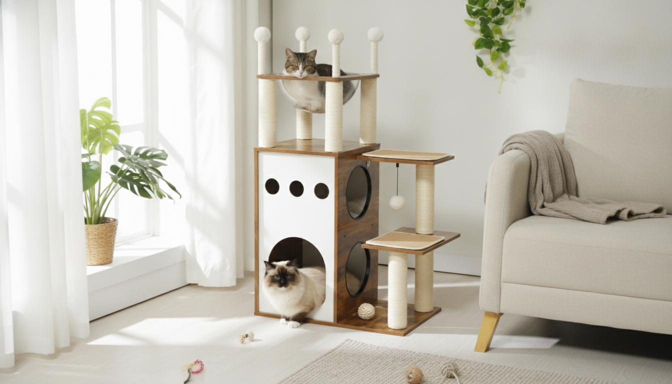Modern Wooden Cat Tree Tower: Condo, Capsule & Sisal Posts