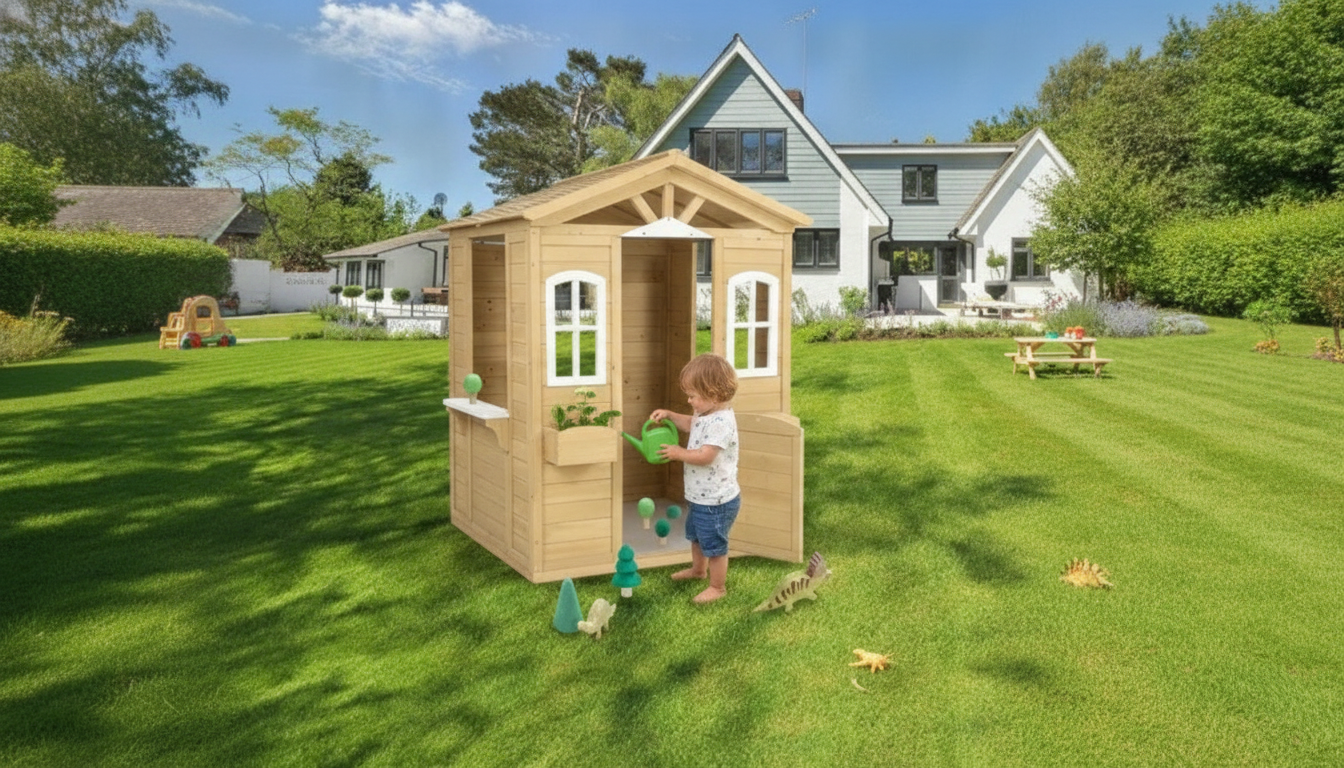 Wooden Backyard Playhouse: Door, Windows & Planters