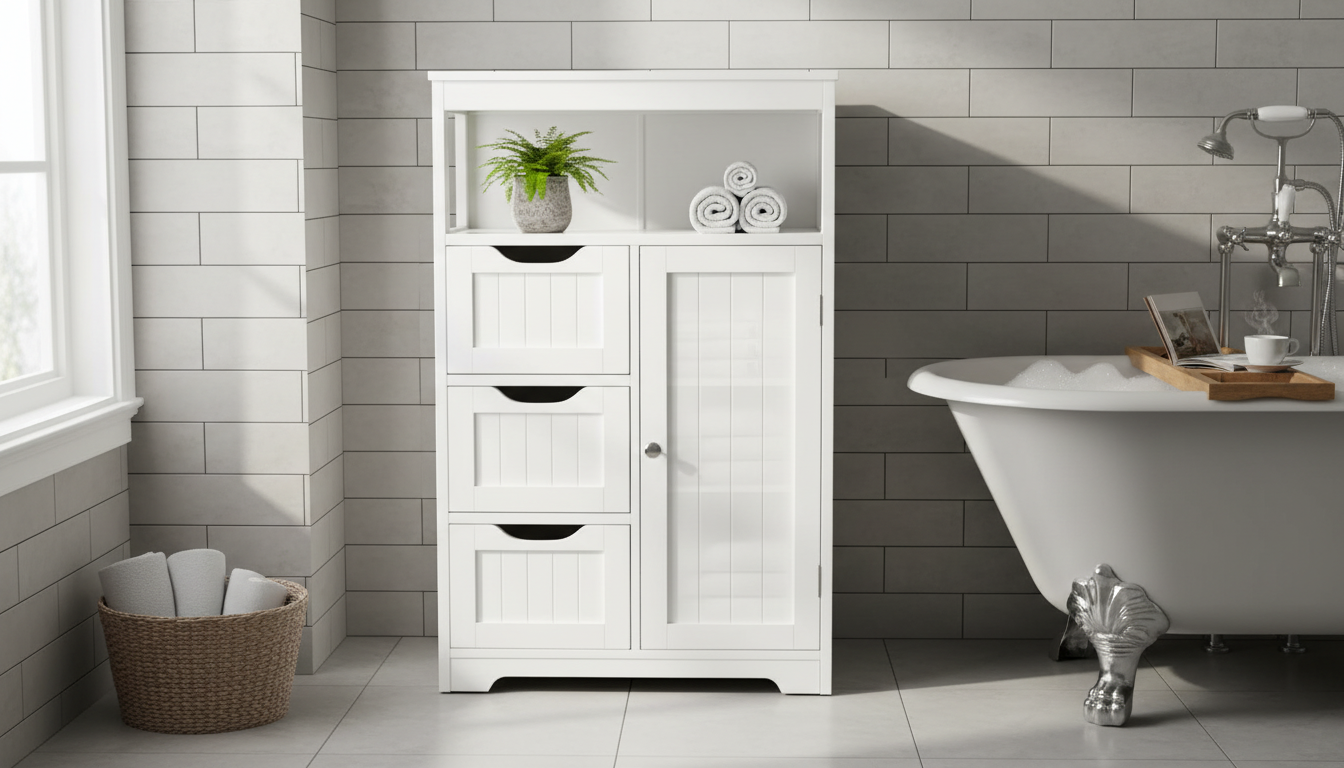 Slim Wooden Bathroom Floor Cabinet: 1 Door, 3 Drawers
